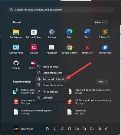 An image showing how to run an app as an admin in Windows